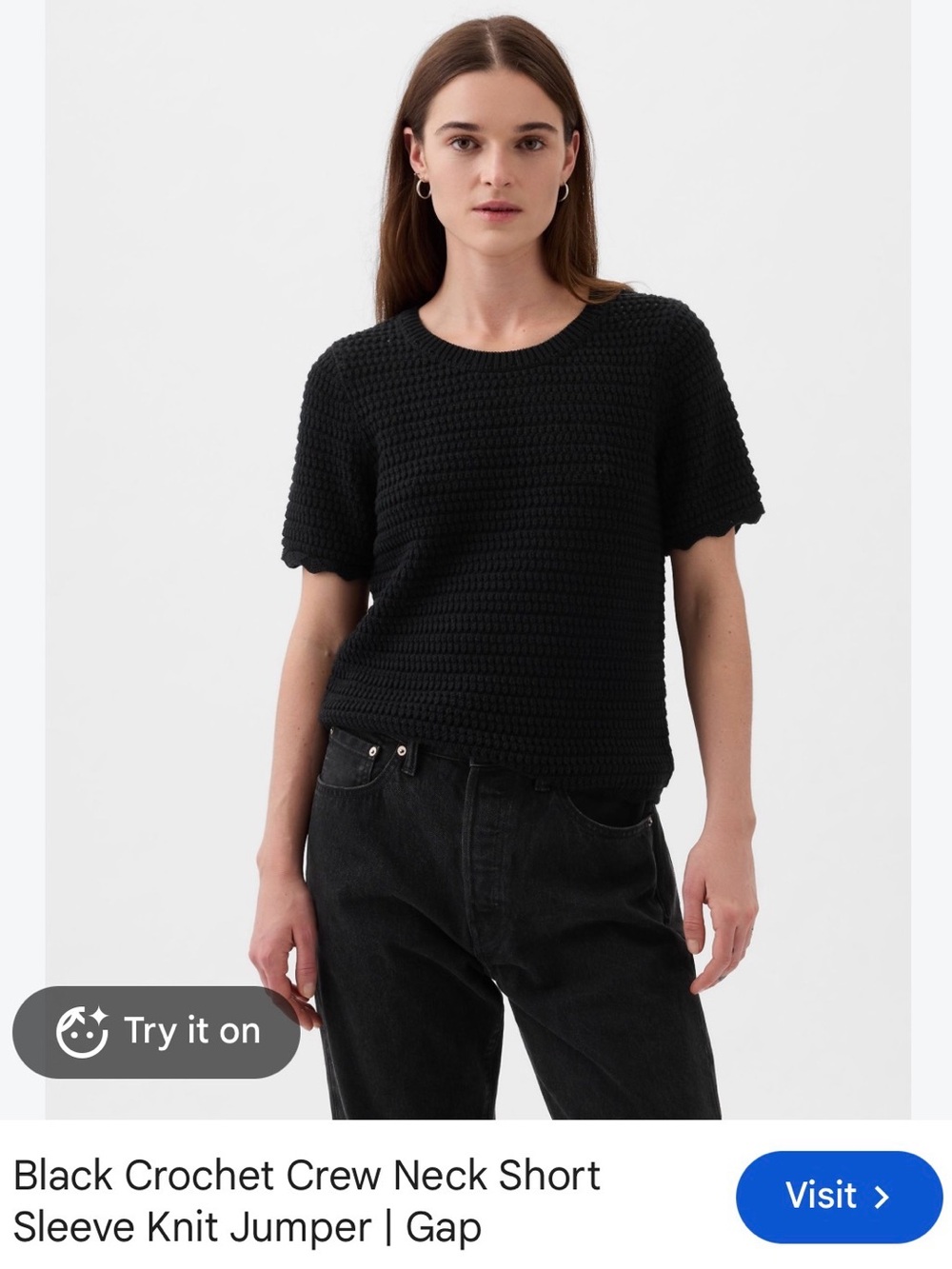 GAP Black Crochet Crewneck Short Sleeve Sweater